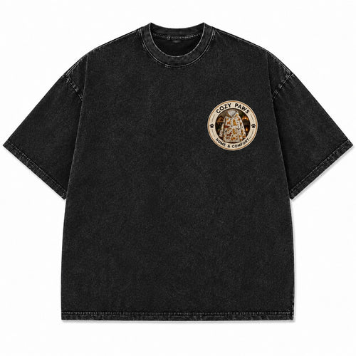 Cozy Paws Wear vintage washed heavyweight T-shirt in washed black, front view with the 8 cm Cozy Paws chest badge